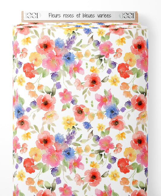 Tissu - Fleurs roses et bleues variées