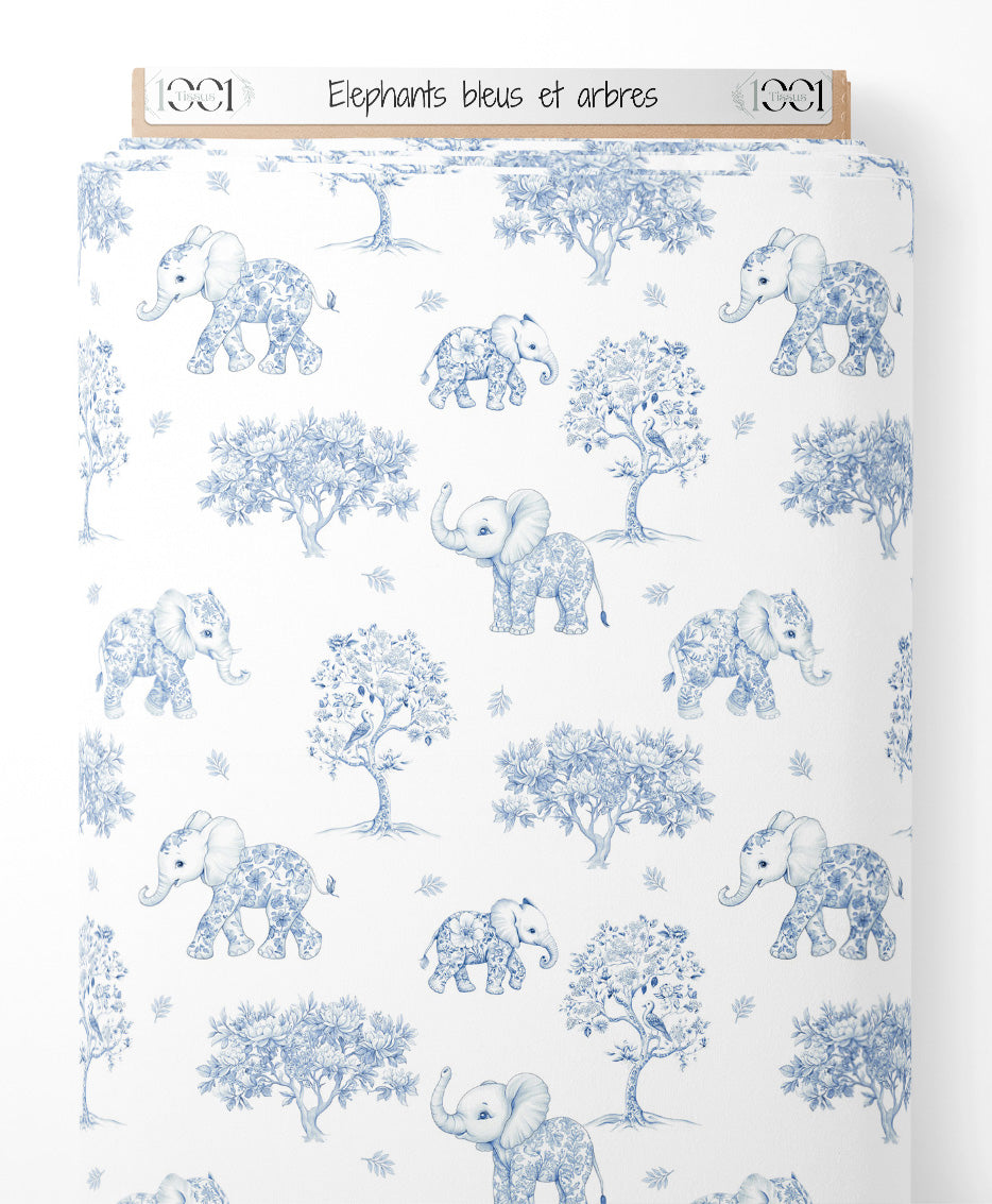 Tissu - Éléphants bleus et arbres