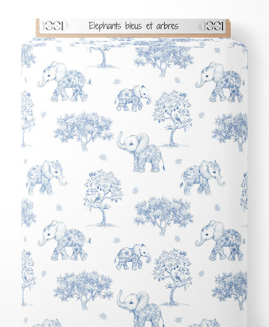 Tissu - Éléphants bleus et arbres