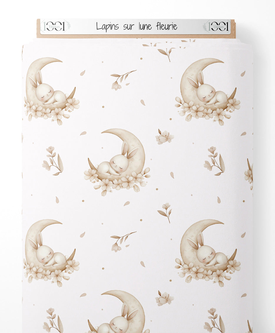Tissu - Lapins sur lune fleurie