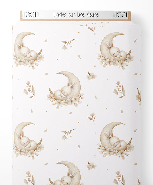 Tissu - Lapins sur lune fleurie