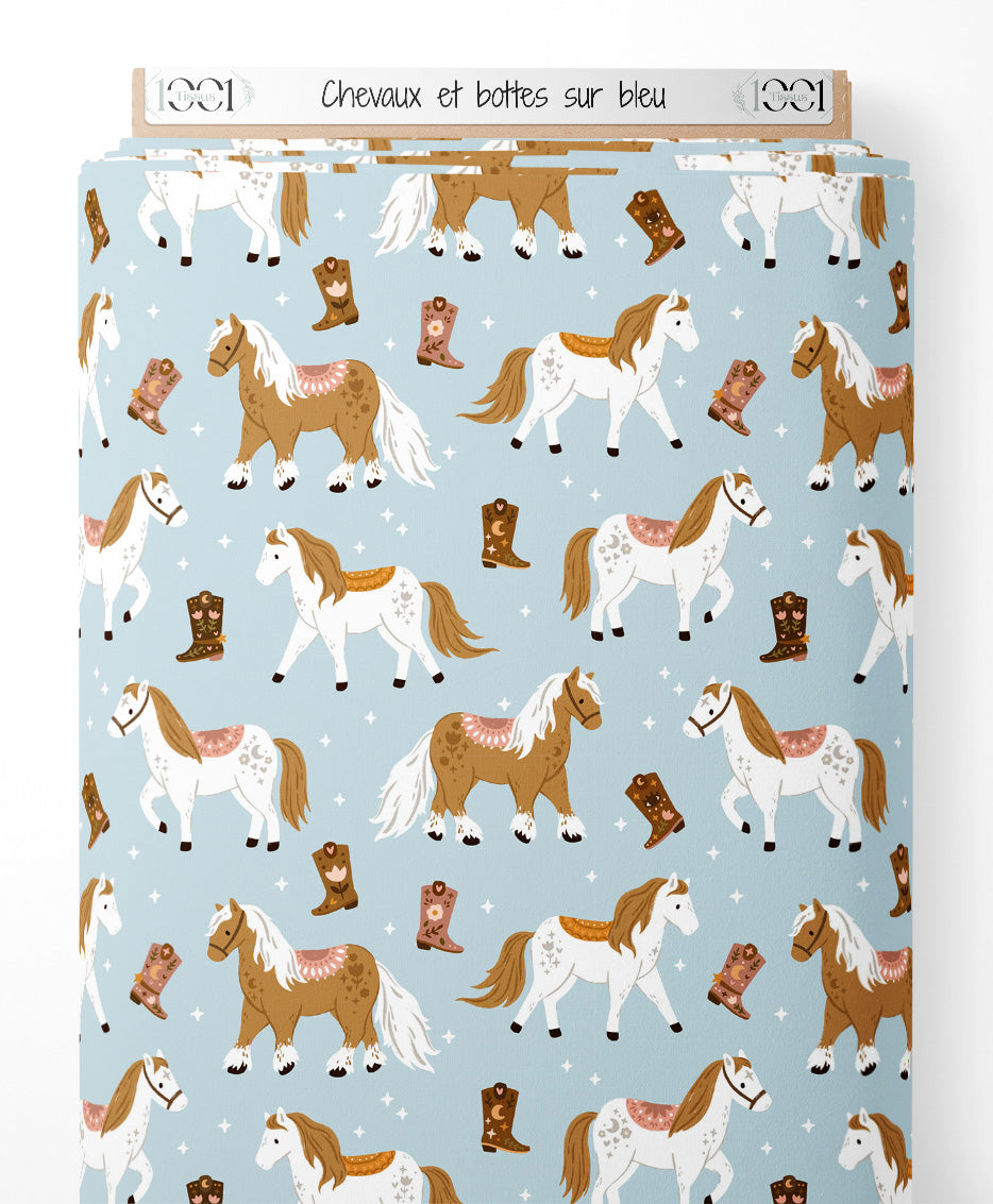 Tissu - Chevaux et bottes sur bleu