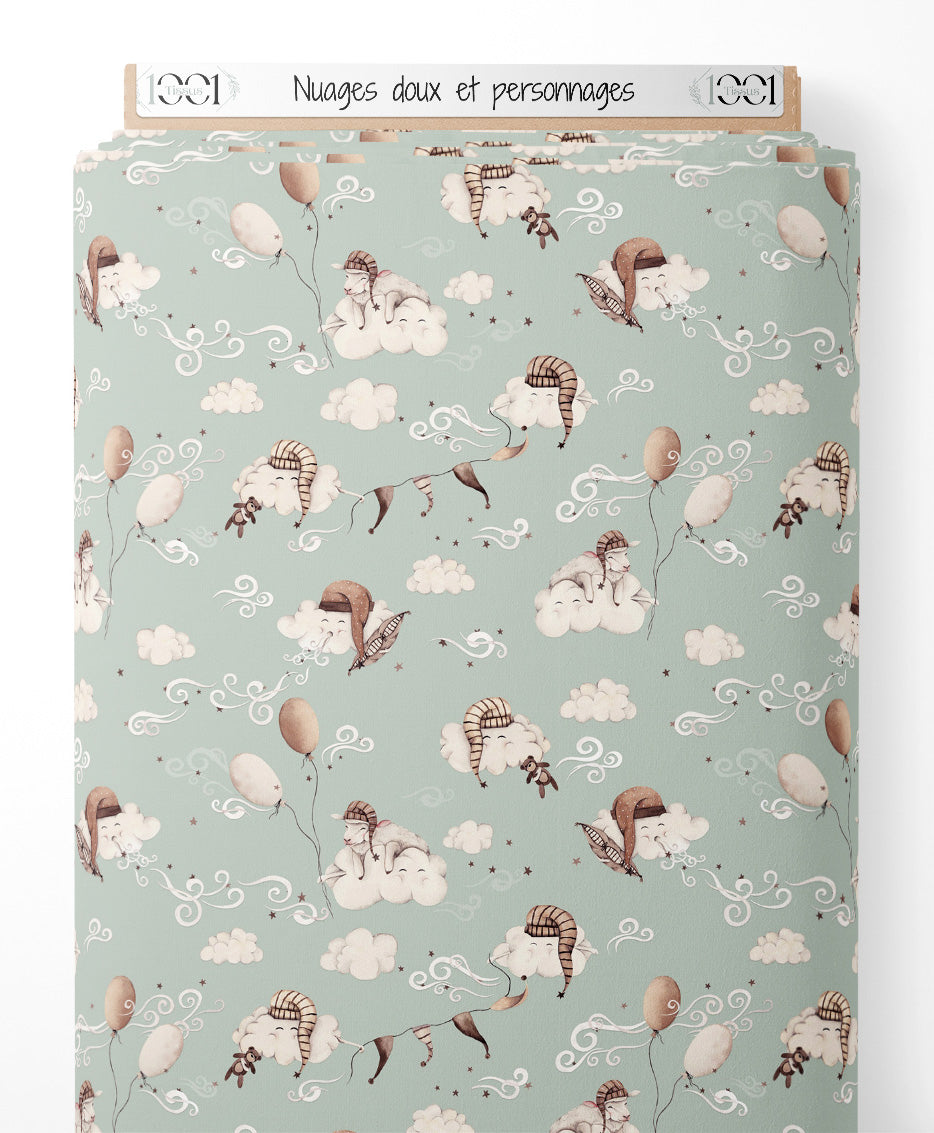 Tissu - Nuages doux et personnages