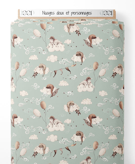 Tissu - Nuages doux et personnages