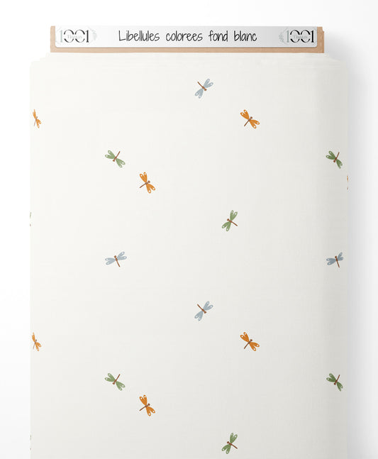 Tissu - Libellules colorées sur fond blanc