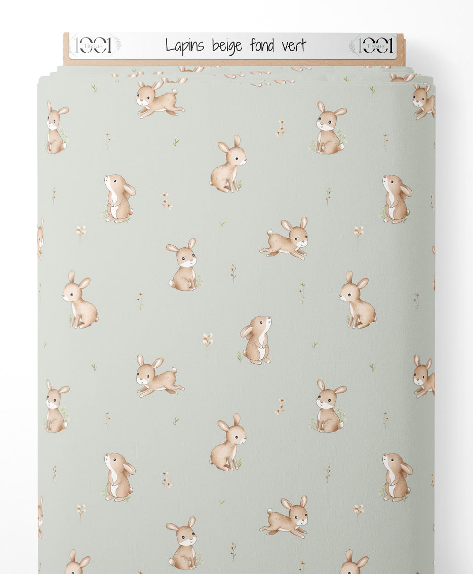 Tissu - Lapins beige sur fond vert