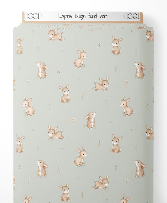 Tissu - Lapins beige sur fond vert