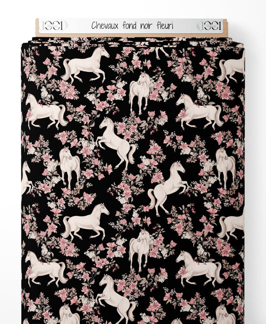 Tissu - Chevaux sur fond noir fleuri