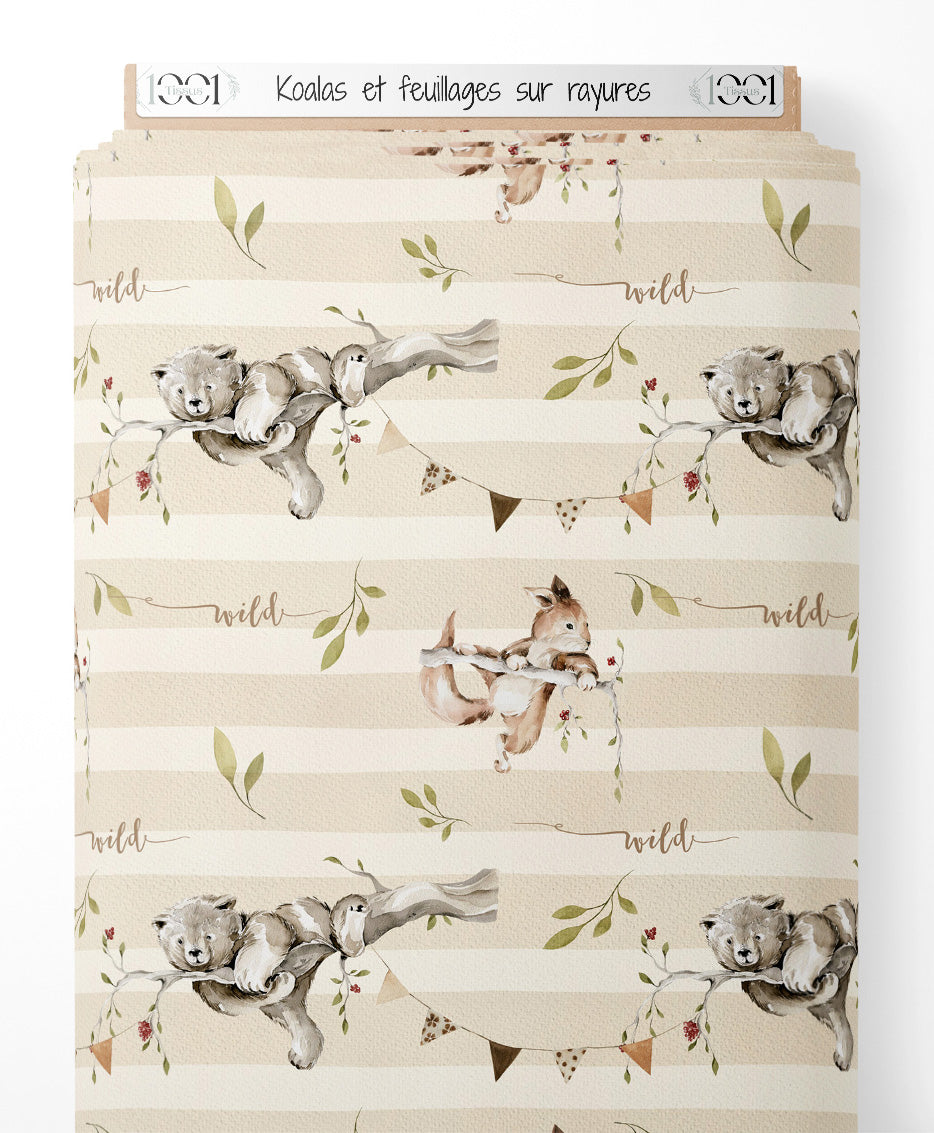 Tissu - Koalas et feuillages sur rayures