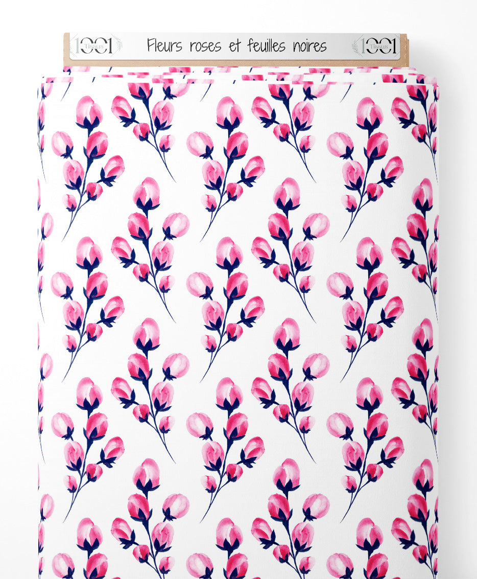 Tissu - Fleurs roses et feuilles noires