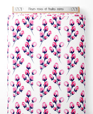 Tissu - Fleurs roses et feuilles noires