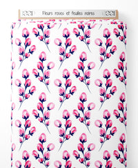 Tissu - Fleurs roses et feuilles noires