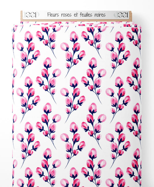 Tissu - Fleurs roses et feuilles noires