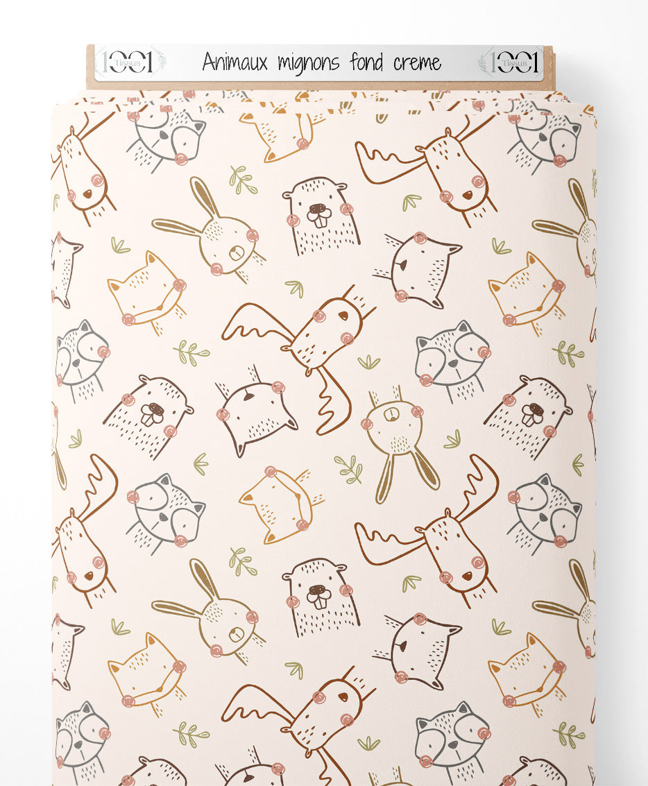 Tissu - Animaux mignons fond crème