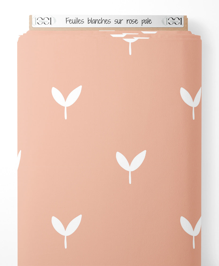 Tissu - Feuilles blanches sur rose pâle