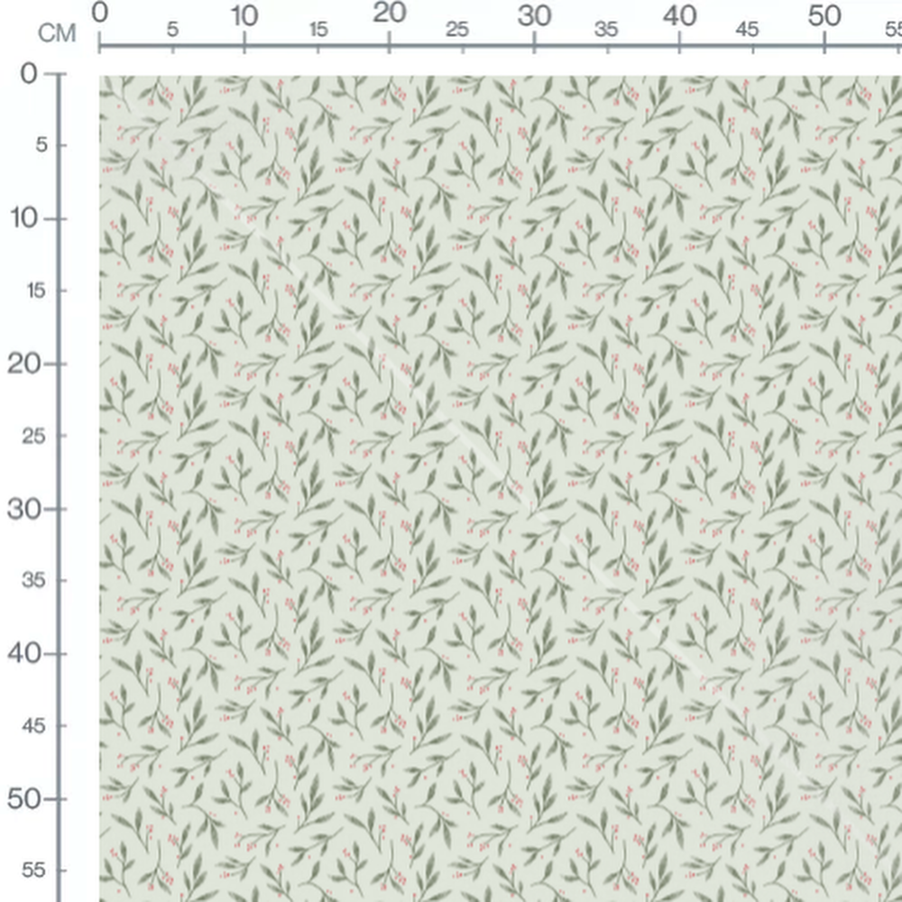 Tissu - Brindilles vertes et baies rouges