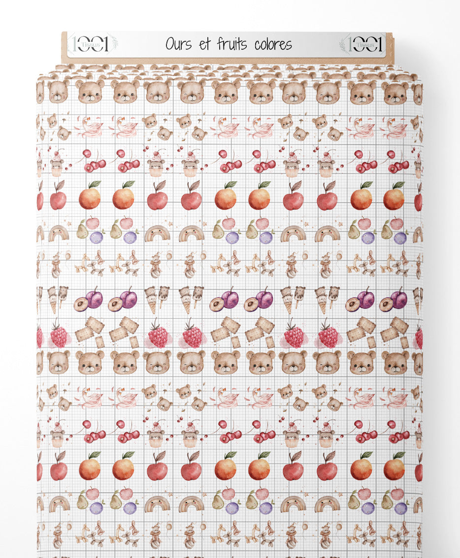 Tissu - Ours et fruits colorés