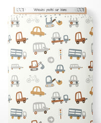Tissu - Véhicules pastel sur blanc