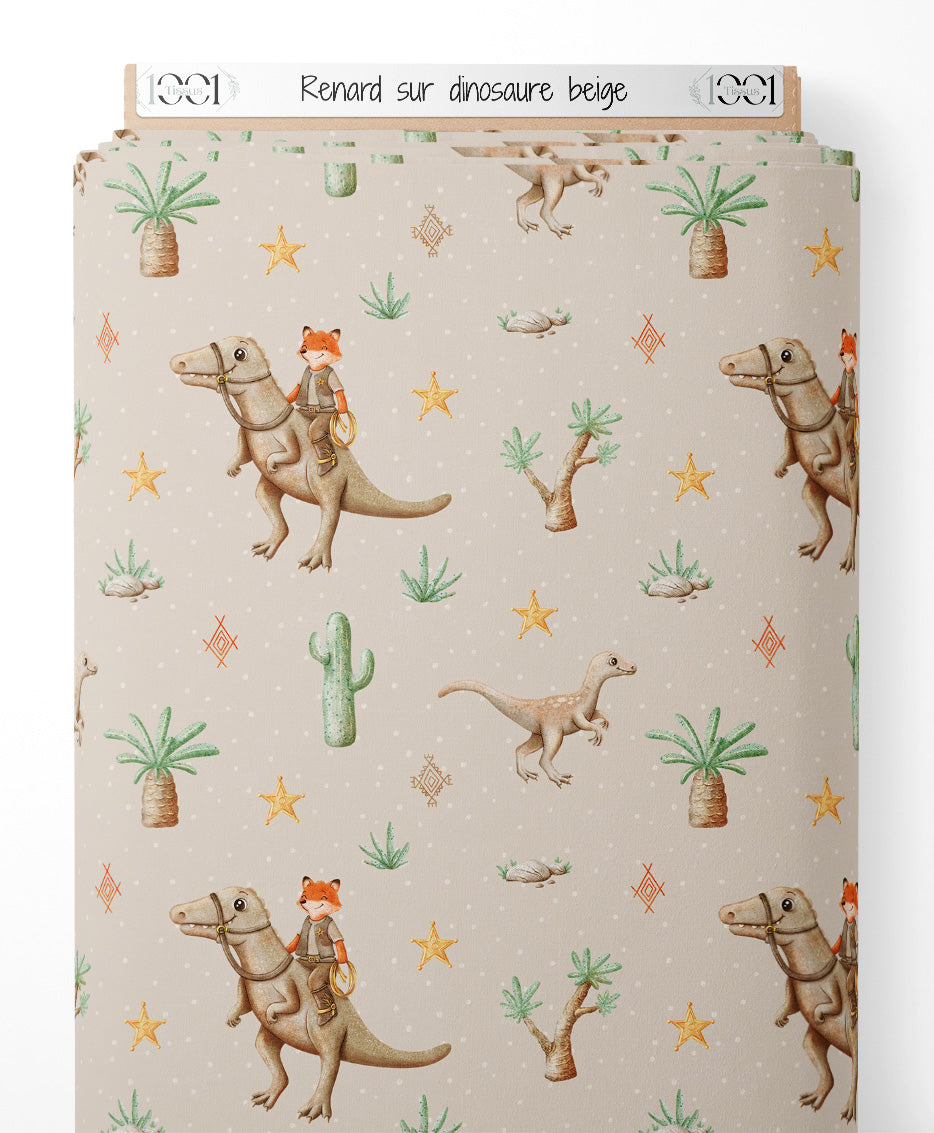 Tissu - Renard sur dinosaure beige