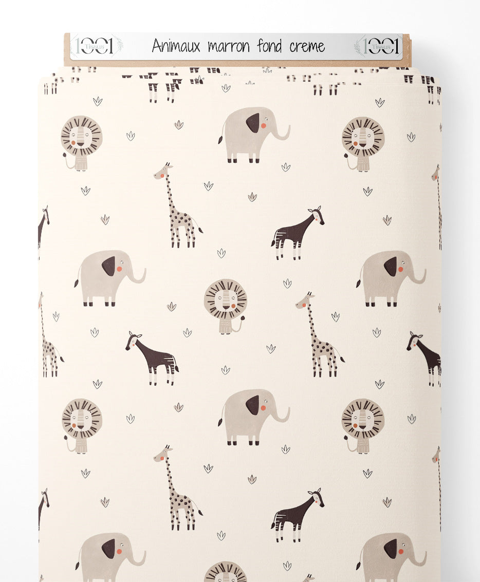 Tissu - Animaux marron sur fond crème