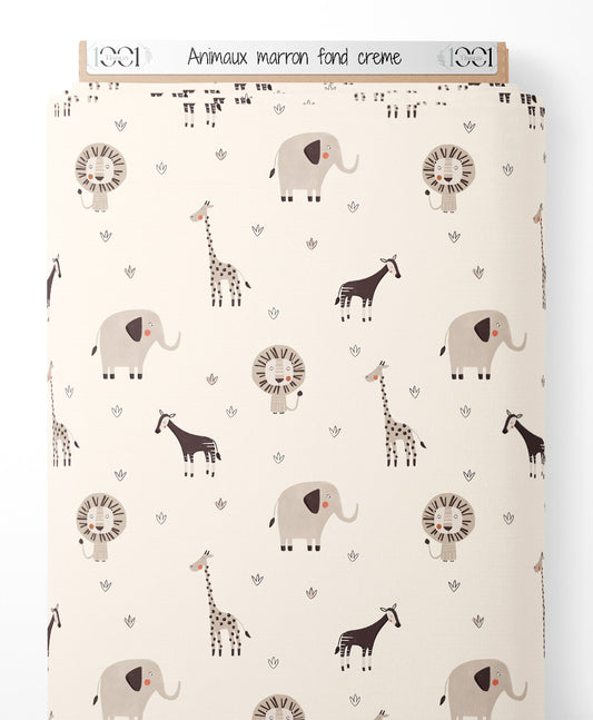 Tissu - Animaux marron sur fond crème