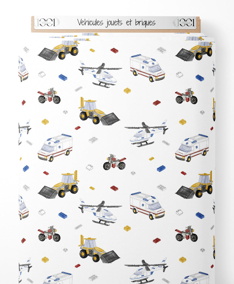 Tissu - Véhicules jouets et briques