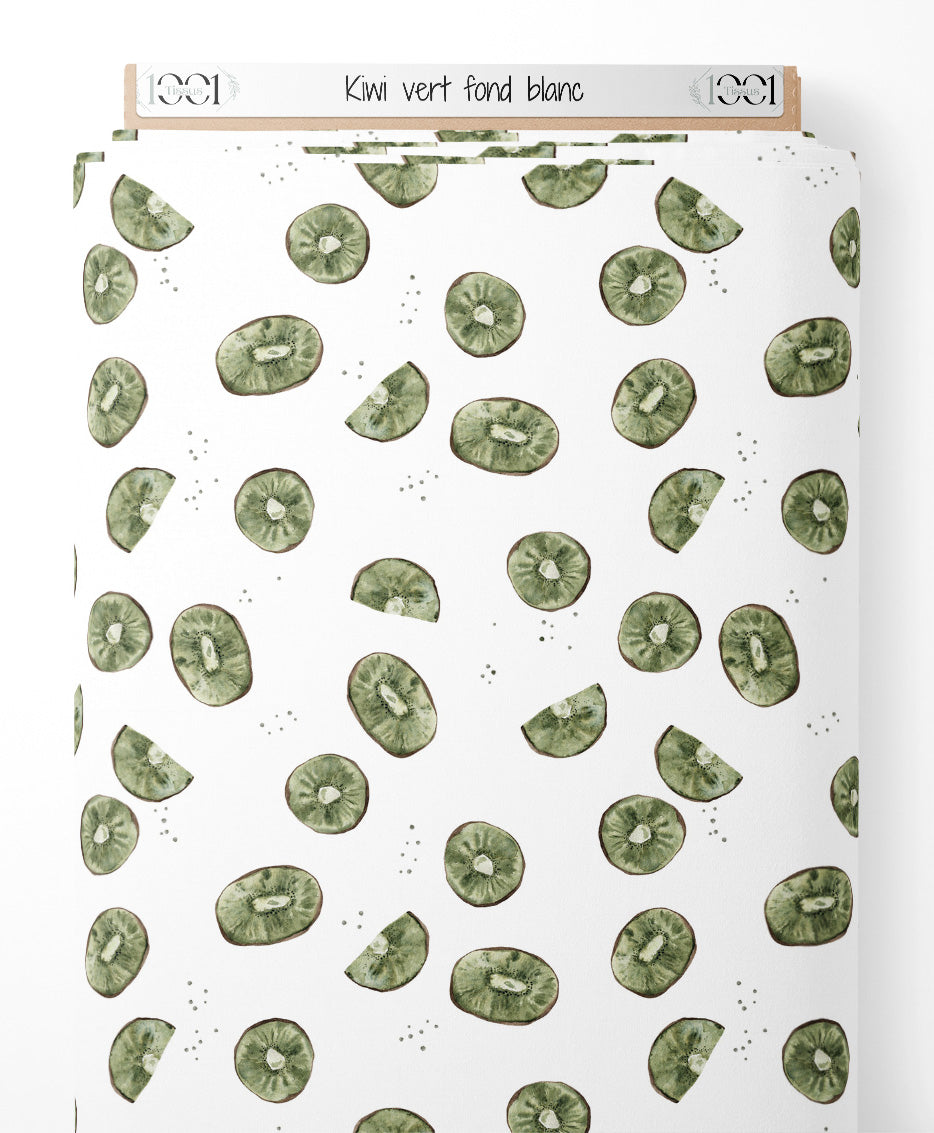 Tissu - Kiwi vert sur fond blanc