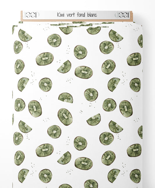 Tissu - Kiwi vert sur fond blanc