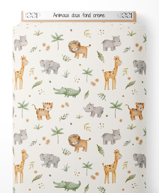 Tissu - Animaux doux sur fond crème