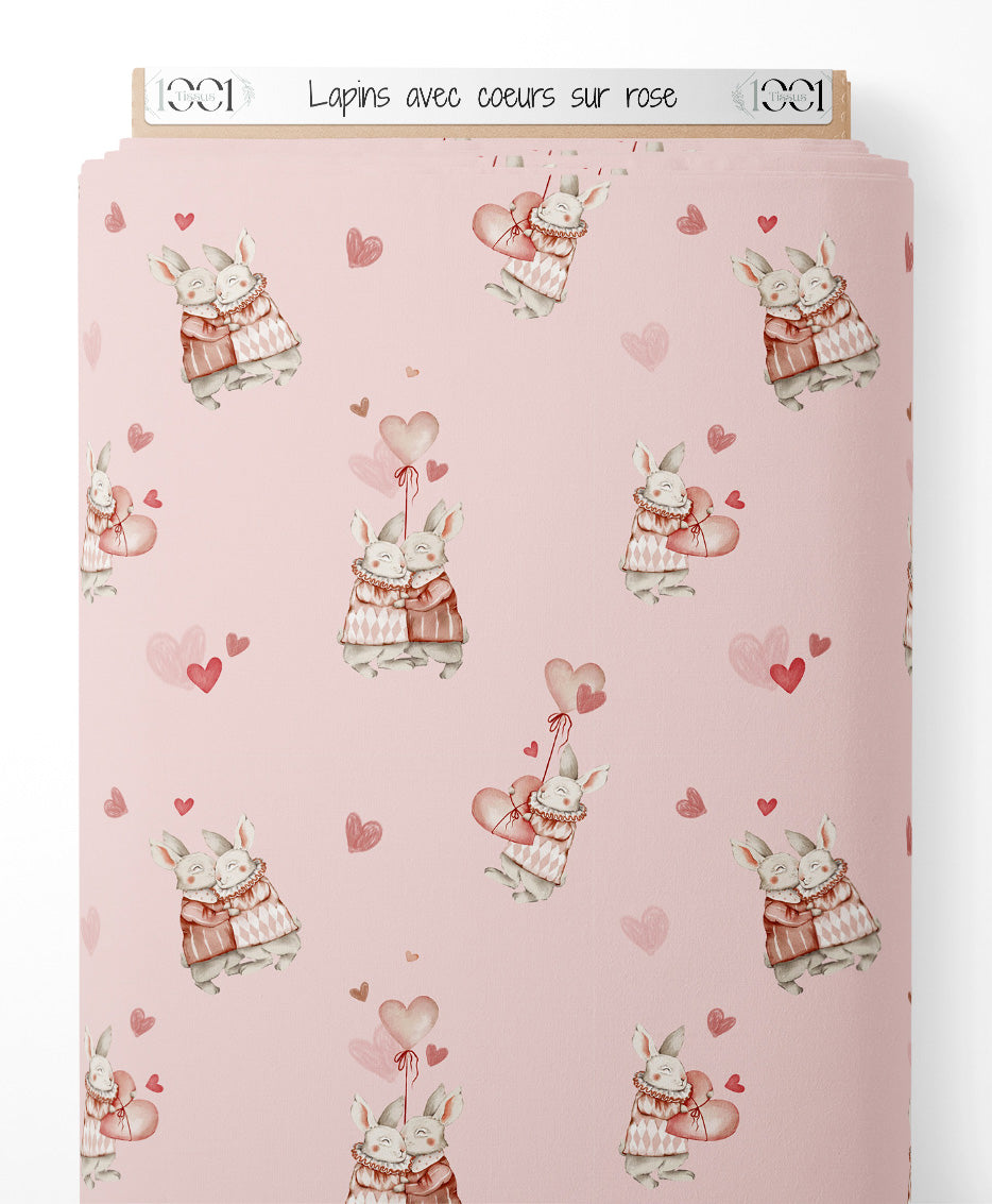Tissu - Lapins avec cœurs sur rose