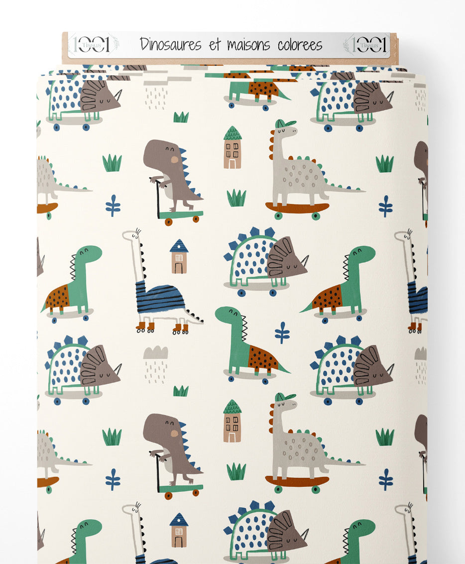 Tissu - Dinosaures et maisons colorées