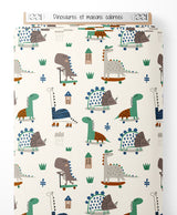 Tissu - Dinosaures et maisons colorées