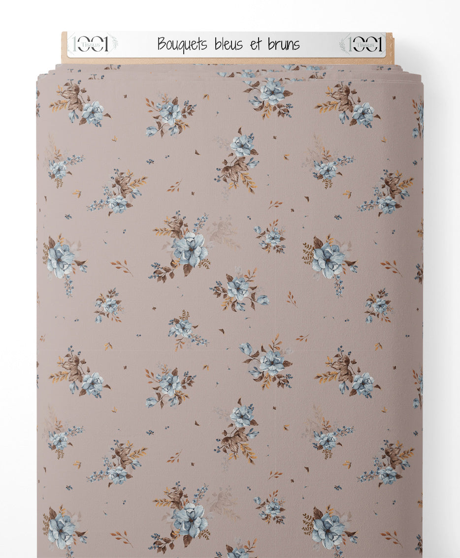Tissu - Bouquets bleus et bruns