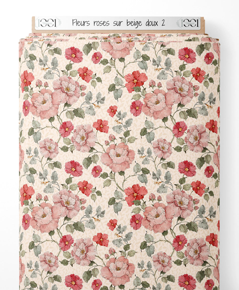 Tissu - Fleurs roses sur beige doux 2