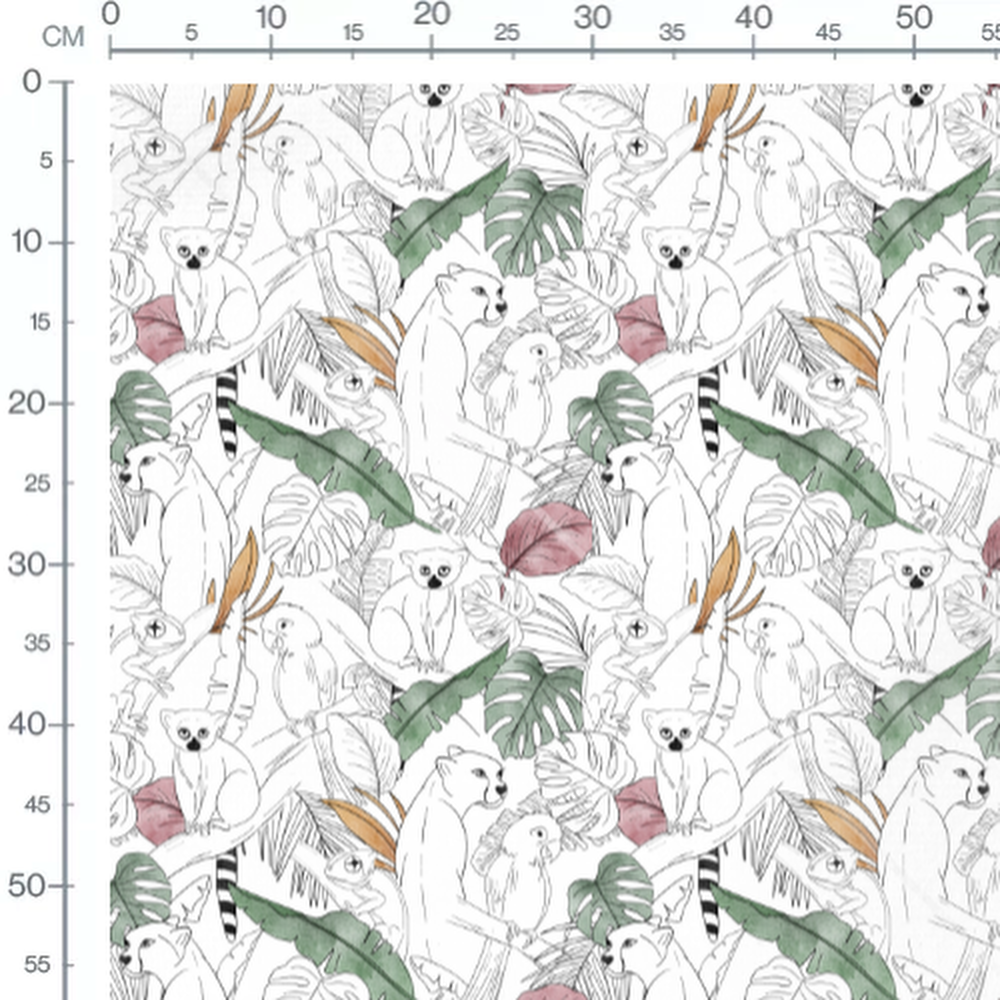 Tissu - Lémuriens et perroquets colorés