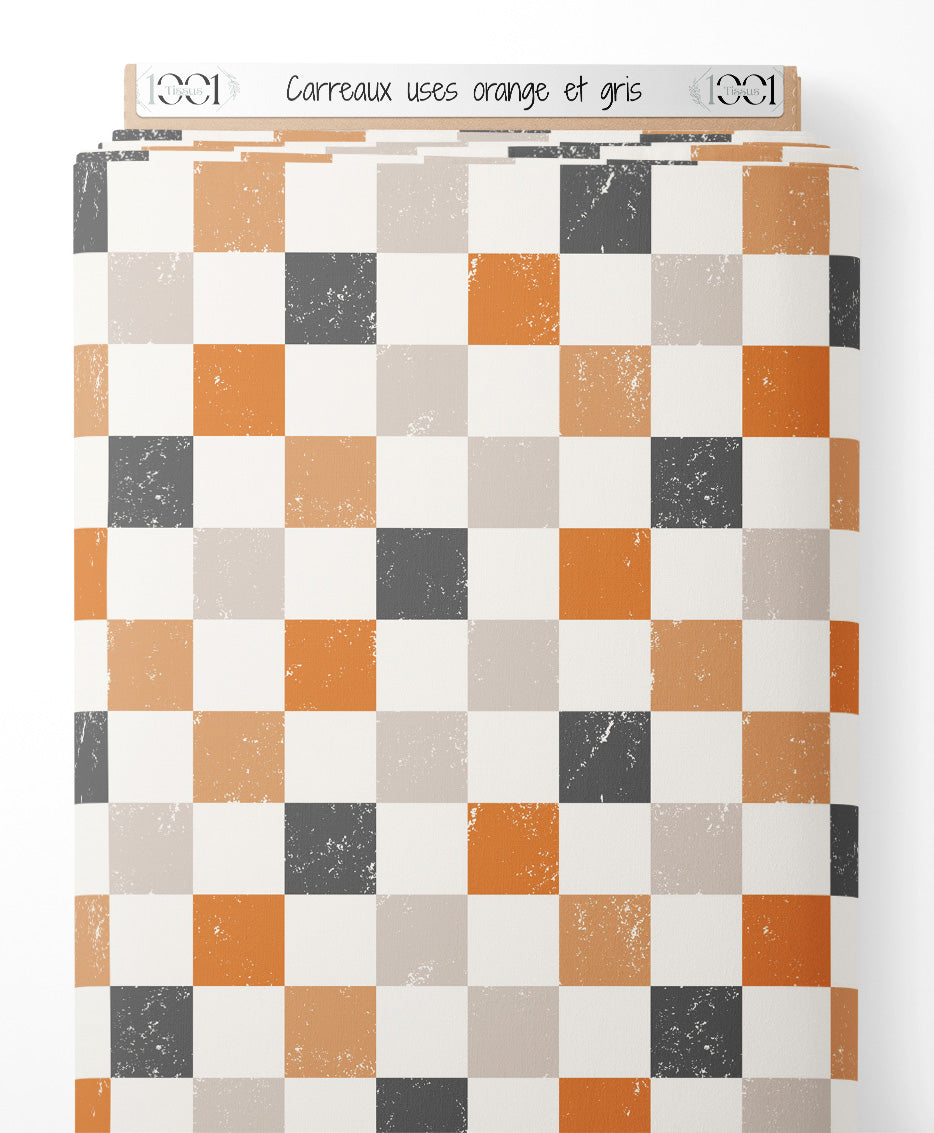Tissu - Carreaux usés orange et gris