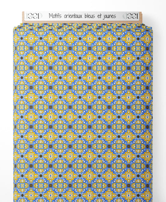 Tissu - Motifs orientaux bleus et jaunes