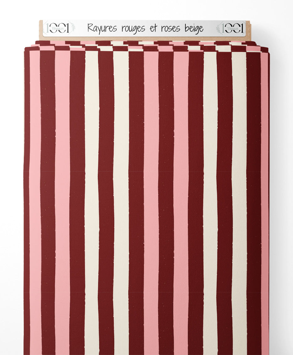 Tissu - Rayures rouges et roses beige