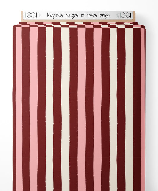 Tissu - Rayures rouges et roses beige