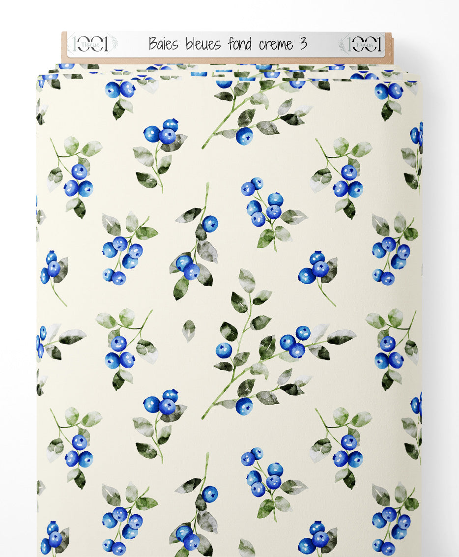 Tissu - Baies bleues sur fond crème 3