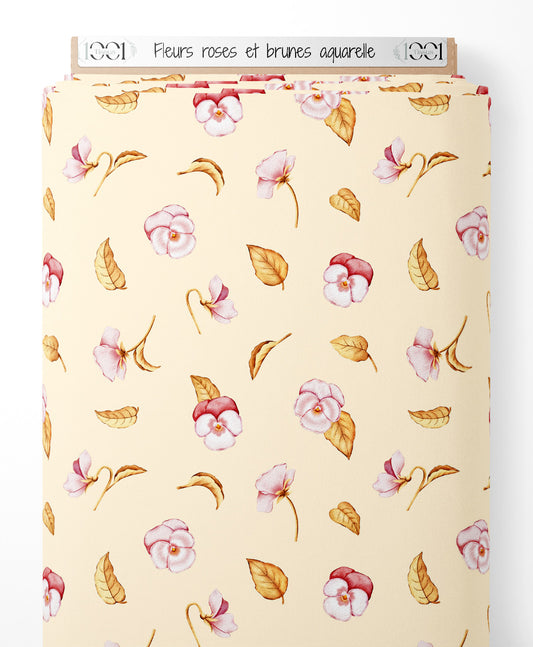 Tissu - Fleurs roses et brunes aquarelle