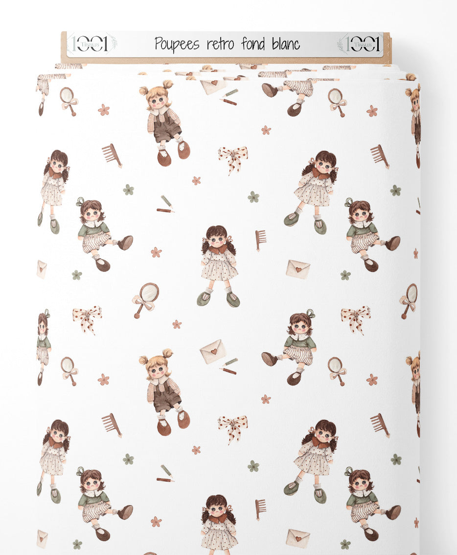 Tissu - Poupées rétro sur fond blanc