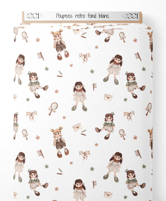 Tissu - Poupées rétro sur fond blanc