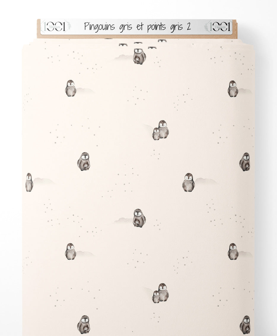 Tissu - Pingouins gris et points gris 2