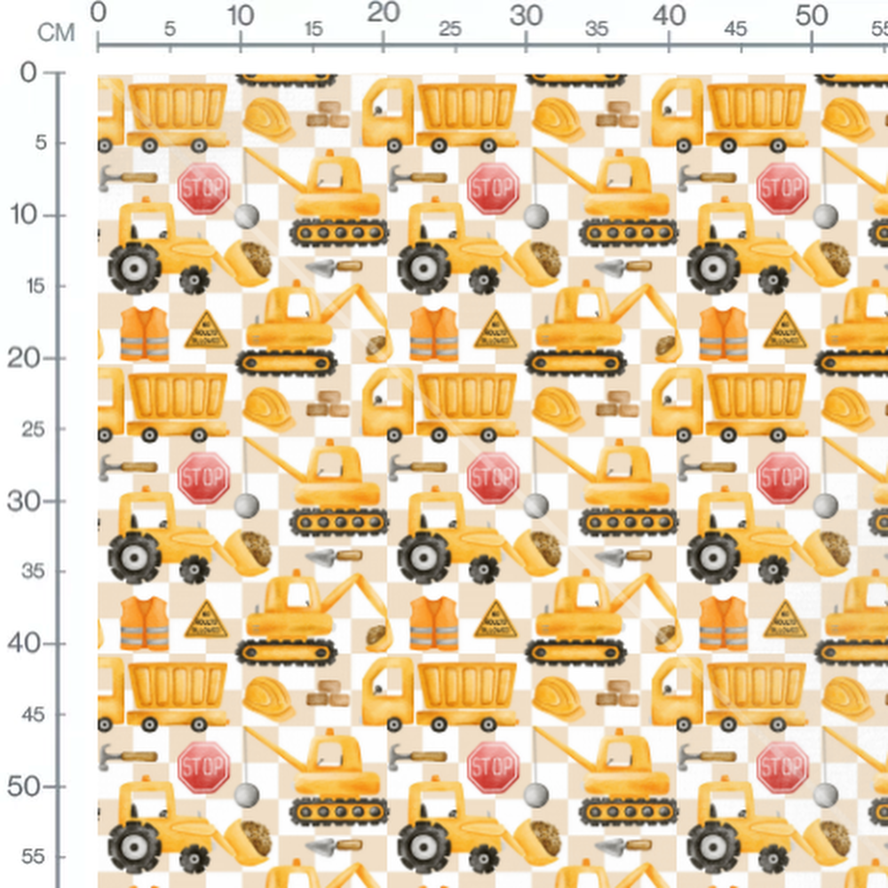 Tissu - Engins jaunes à carreaux beige