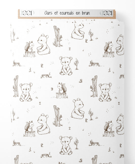 Tissu - Ours et écureuils en brun