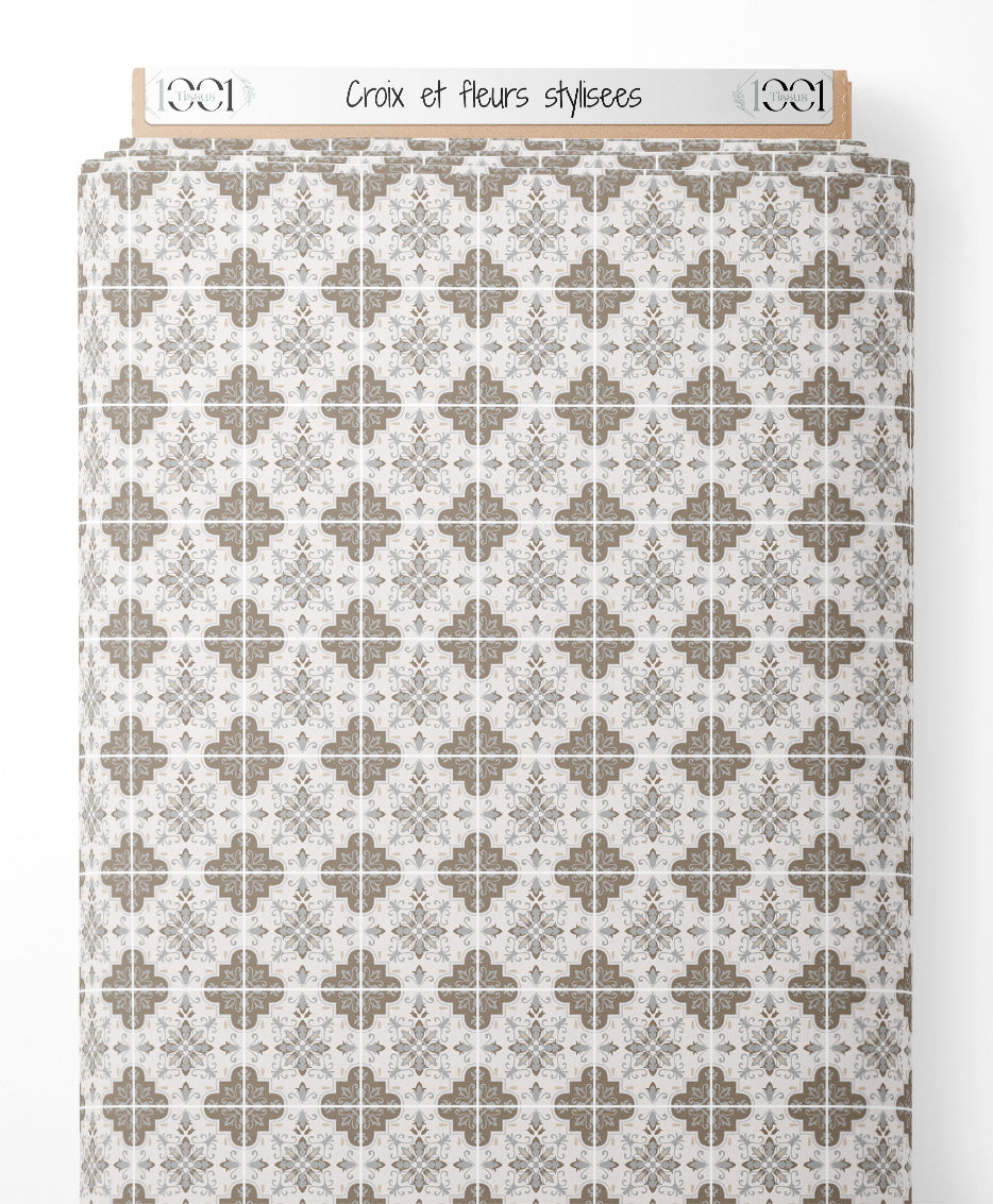 Tissu - Croix et fleurs stylisées