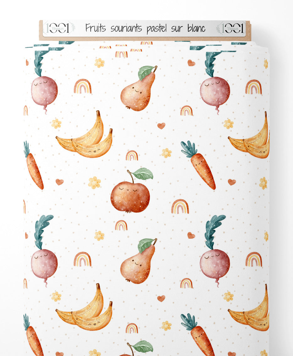 Tissu - Fruits souriants pastel sur blanc