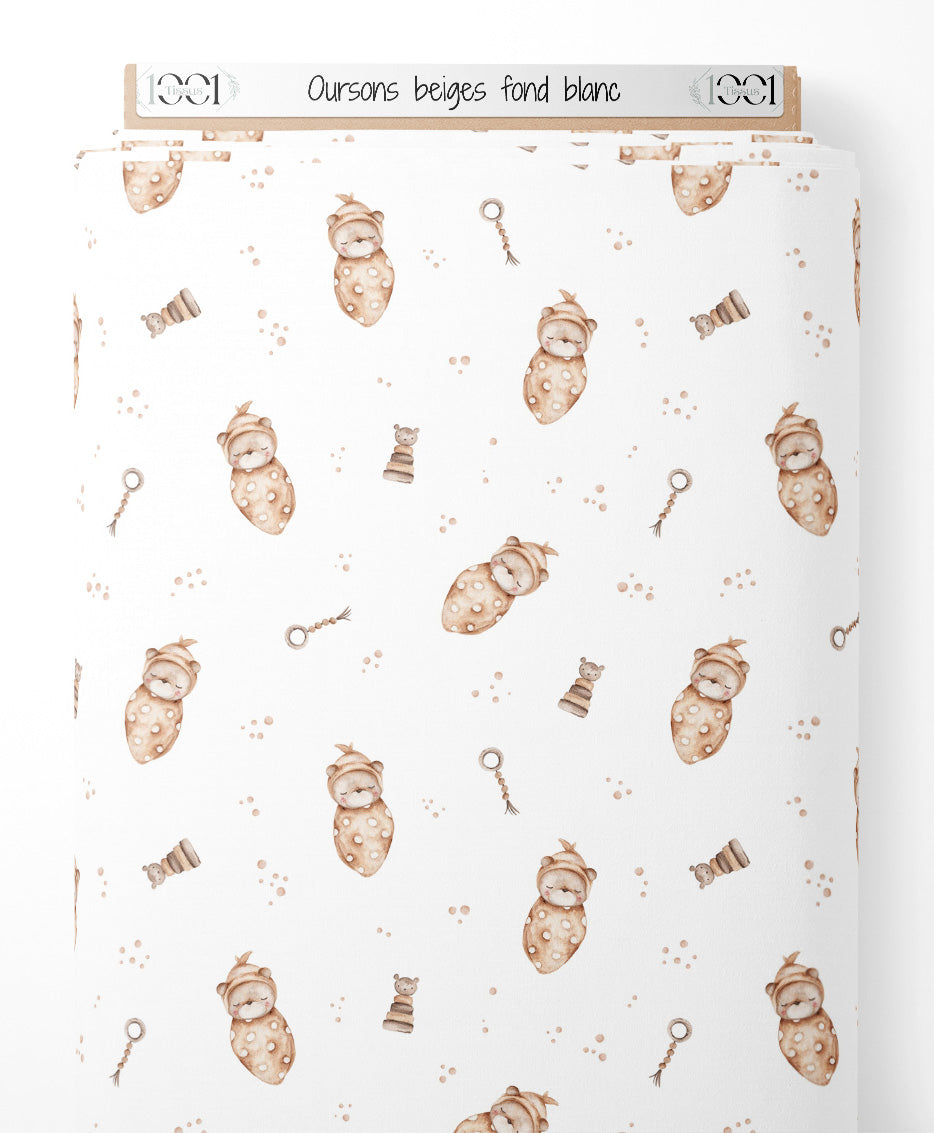 Tissu - Oursons beiges sur fond blanc