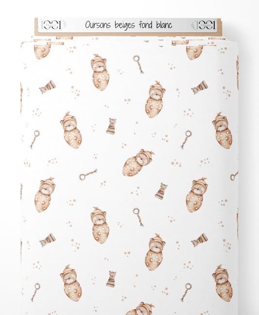 Tissu - Oursons beiges sur fond blanc